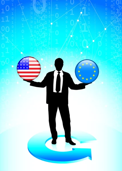 Businessman Holding United States and european union Internet Fl — Stock Vector