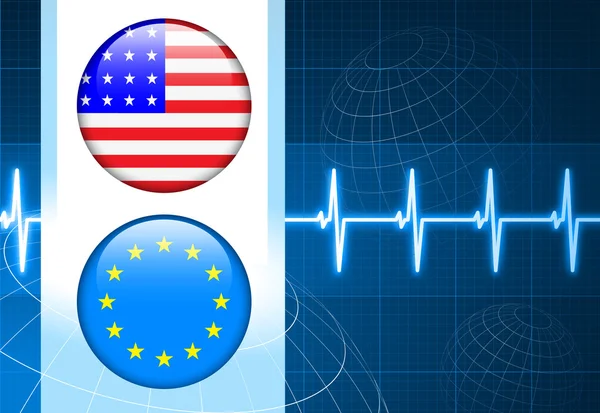 Amerika en de Europese Unie vlag internet knoppen op pulse backgr — Stockvector