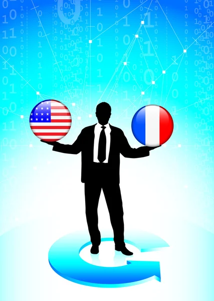 Businessman Holding Stati Uniti e Francia Bandiera Internet Butto — Vettoriale Stock