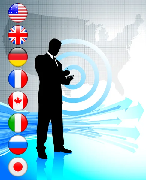 Businessman with USA map and internet flag buttons — Stock Vector
