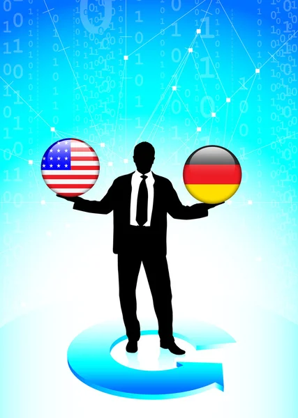 Empresário Segurando Estados Unidos e Alemanha Internet Bandeira Butt — Vetor de Stock