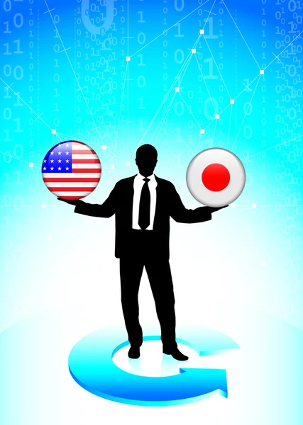 Businessman Memegang tombol Internet Amerika Serikat dan Jepang - Stok Vektor