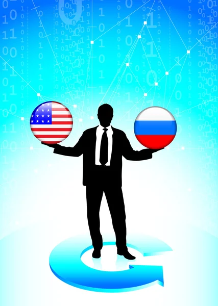 Homme d'affaires Holding États-Unis et la Russie Drapeau Internet Butto — Image vectorielle
