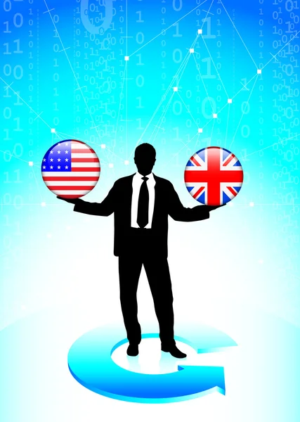 Zakenman houden van Amerikaanse en Britse internet vlag maar — Stockvector