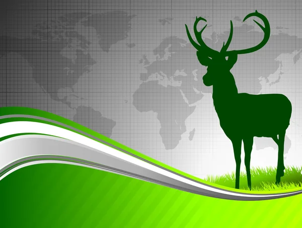 Deer op abstracte groene achtergrond met kaart van de wereld — Stockvector