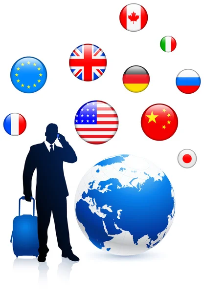Biznesmen podróżnik przyciskami flaga glob i internet — Wektor stockowy