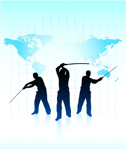 Karate sensei met zwaard op wereld kaart achtergrond — Stockvector