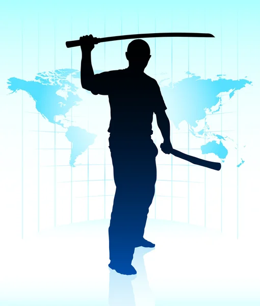 Karate Sensei com Espada no Mundo Mapa de fundo —  Vetores de Stock