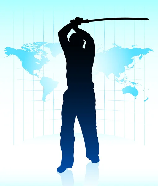 Karate Sensei con Espada en el Mapa Mundial Antecedentes — Vector de stock