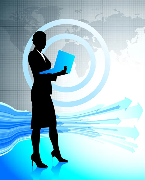 Femme d'affaires avec ordinateur portable sur la carte du monde — Image vectorielle