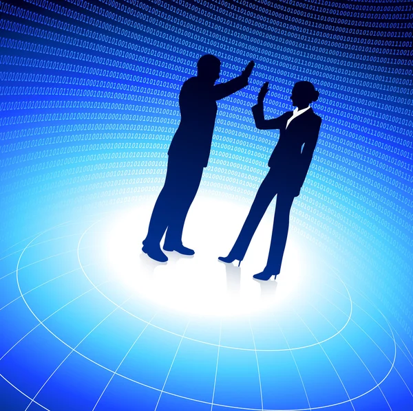 Homme d'affaires et femme d'affaires sur fond bleu internet — Image vectorielle