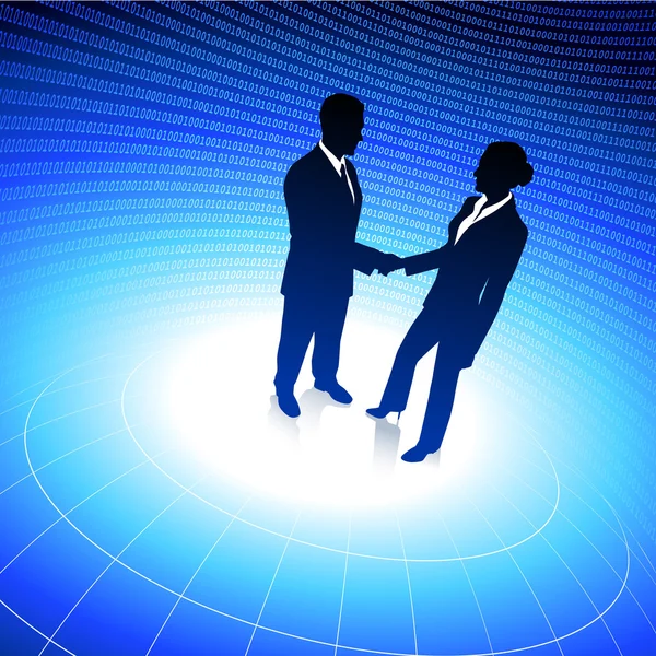 Homme d'affaires et femme d'affaires sur fond bleu internet — Image vectorielle