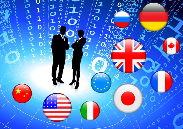 Бизнес-пара на фоне кнопок с интернет-флагом — стоковый вектор