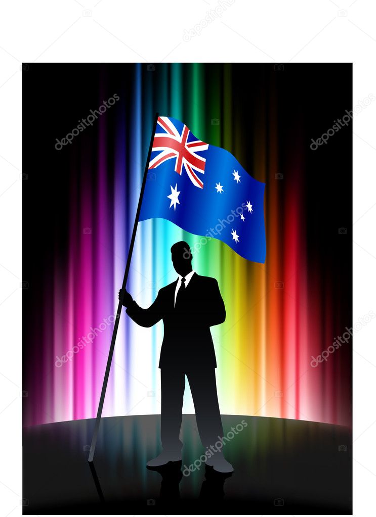 Australia Flag with Businessman on Abstract Spectrum Background