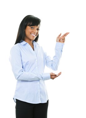 Smiling young woman pointing clipart