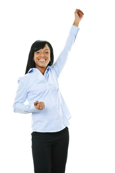 Excited happy young woman with arm raised — Stock Photo, Image