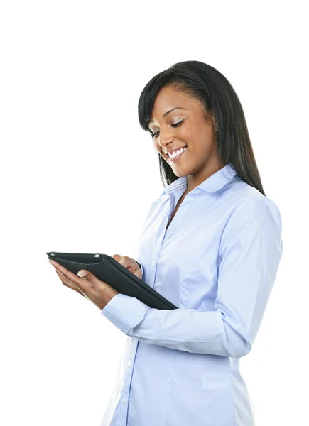 Mulher feliz com computador tablet — Fotografia de Stock