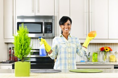 Young woman cleaning kitchen clipart