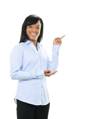 Smiling young woman pointing clipart