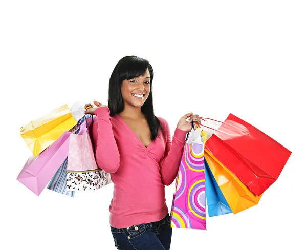 Jovem mulher negra feliz com sacos de compras — Fotografia de Stock