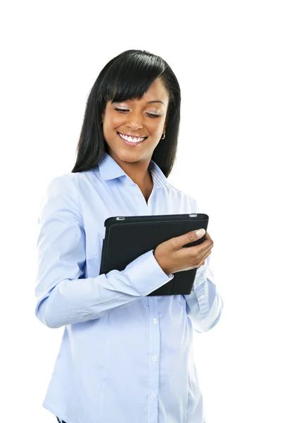 Femme heureuse avec ordinateur tablette — Photo