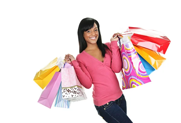 Boldog fiatal fekete nő, a bevásárló szatyrok — Stock Fotó