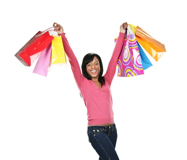 Ενθουσιασμένοι νέους μαύρη γυναίκα με τσάντες αγορών — Φωτογραφία Αρχείου