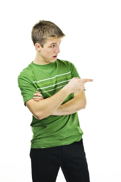 Genç adam tarafına işaret — Stok fotoğraf