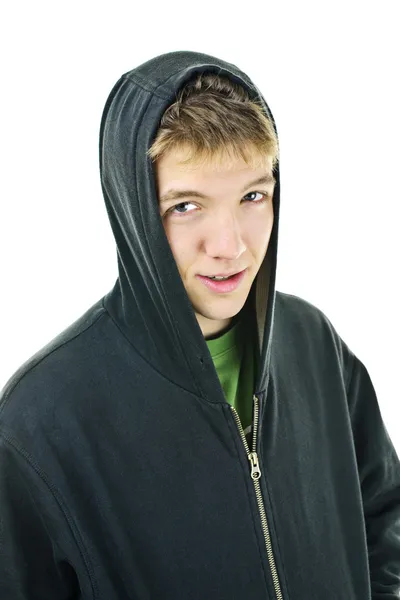 Young man in hoodie smiling — Stock Photo, Image