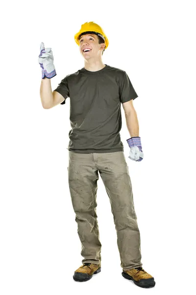 Construction worker pointing up — Stock Photo, Image