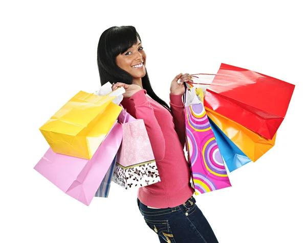 Szczęśliwa młoda kobieta czarny z torby na zakupy Zdjęcia Stockowe bez tantiem