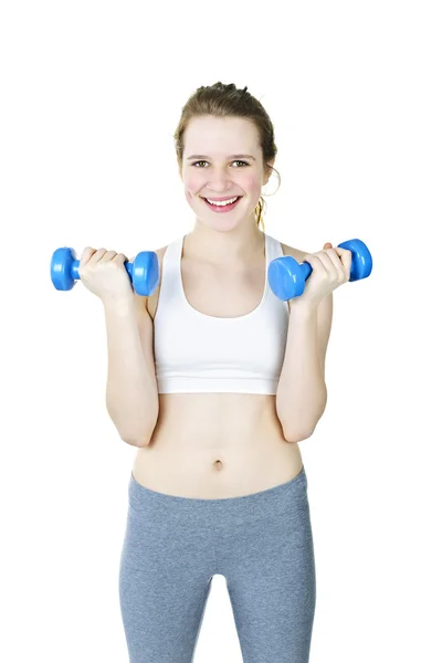 Happy active girl holding weights — Stock Photo, Image