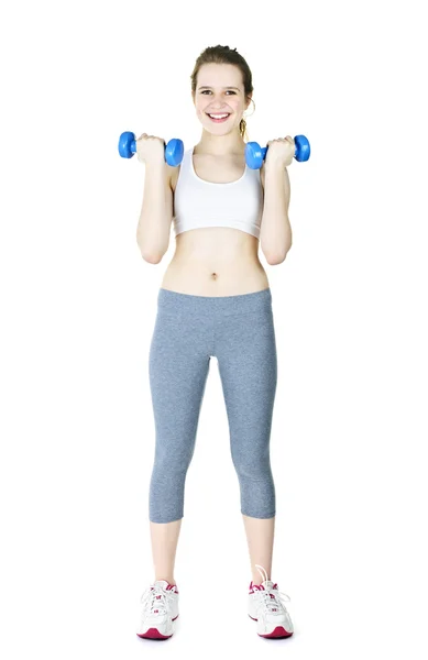 Happy active girl holding weights — Stock Photo, Image