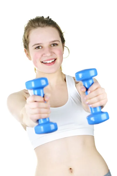 Passen actieve meisje oefenen met gewichten — Stockfoto