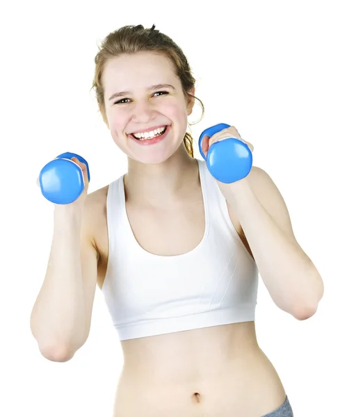 Passen actieve meisje oefenen met gewichten — Stockfoto