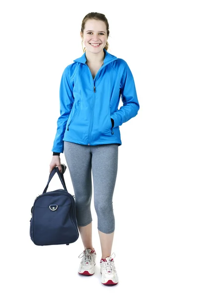 Atletisk flicka med gym väska redo för träning — Stockfoto