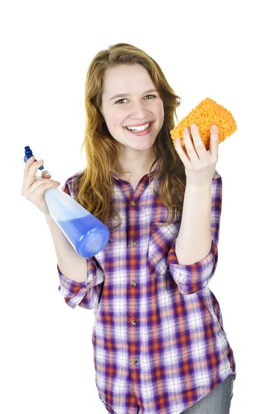 Sorrindo menina com suprimentos de limpeza — Fotografia de Stock
