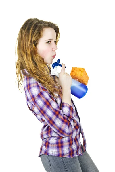 Temizlik malzemeleri ile genç bir kadın — Stok fotoğraf