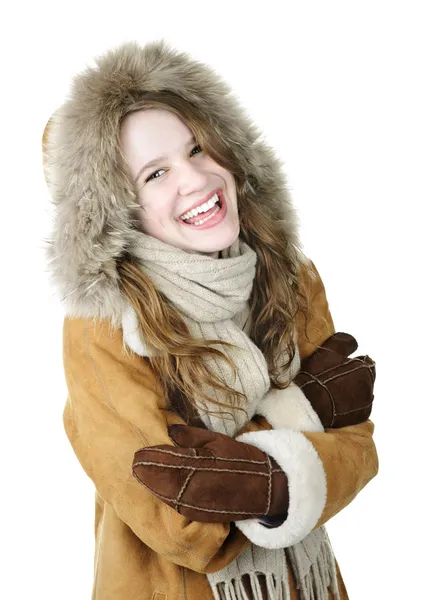 Rindo menina de inverno no capuz — Fotografia de Stock