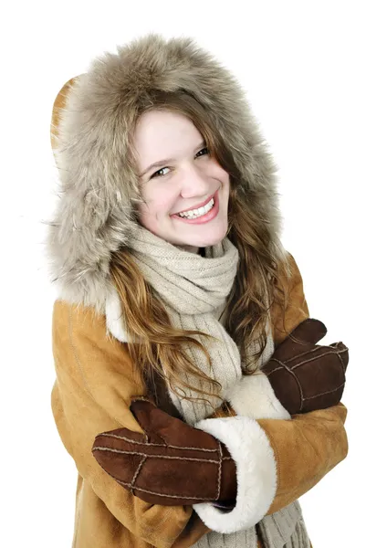 Menina feliz inverno no capuz — Fotografia de Stock