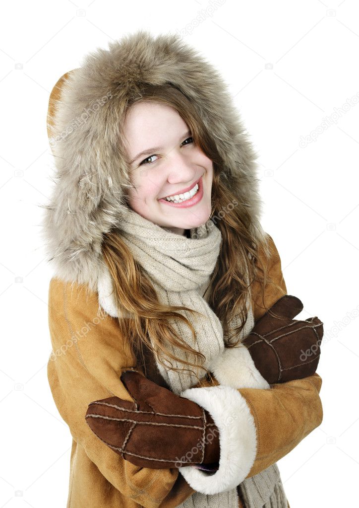 Happy winter girl in hood
