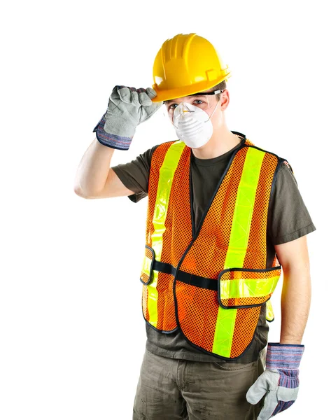 Trabajador de construcción que usa equipo de seguridad — Foto de Stock