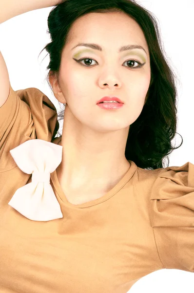Ázsiai fiatal nő arcát, zár-megjelöl, elszigetelt — Stock Fotó