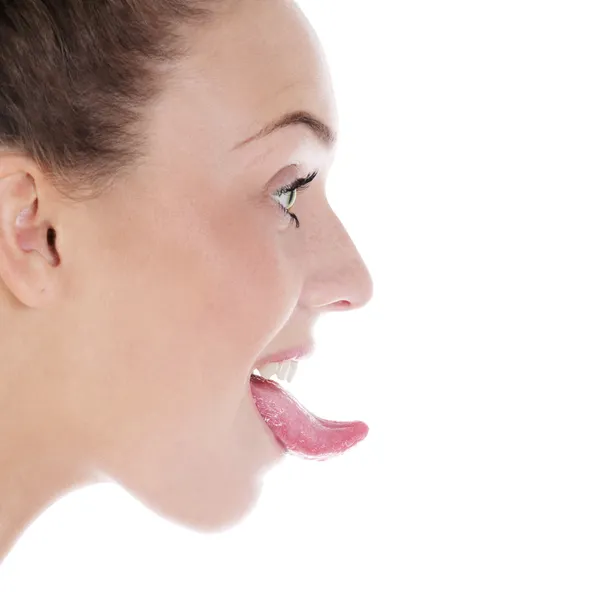 Mujer con la lengua, aislada — Foto de Stock