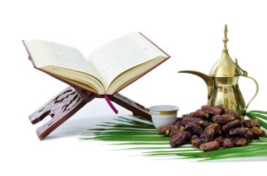 Thge Holy Quran with Dates Fruit and Arabic Coffee Pot clipart