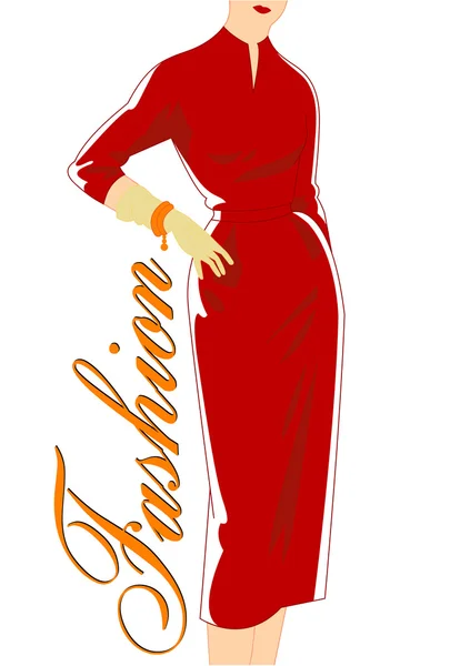 빨간 복장에 있는 여자의 빈티지 패션 실루엣 — 스톡 벡터