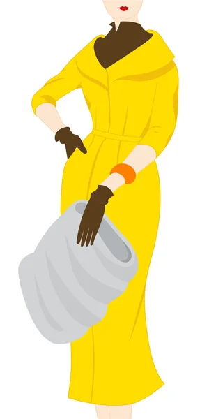Silueta de moda vintage de mujer con abrigo amarillo — Vector de stock