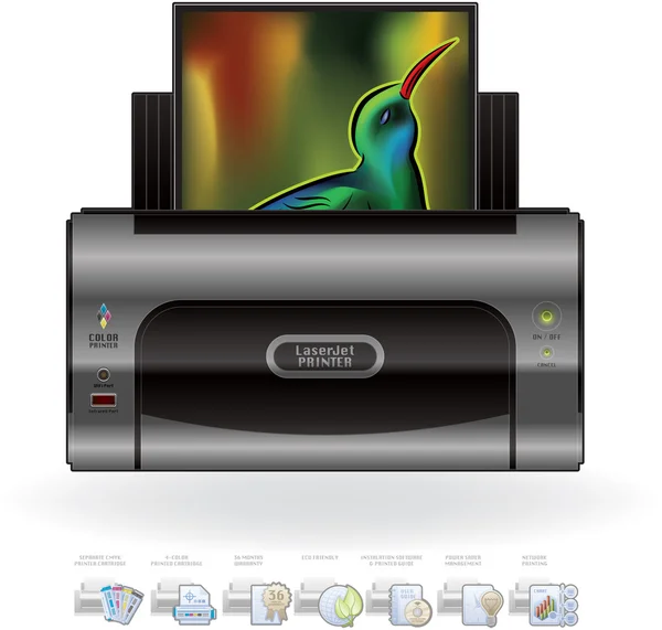 Impresora LaserJet & Opciones Iconos — Vector de stock