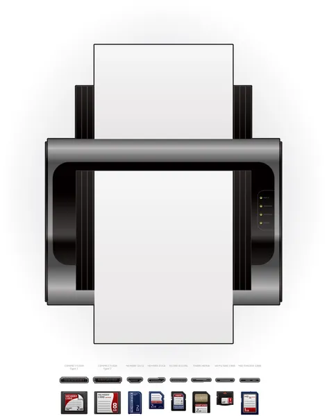 LaserJet Impresora y tarjetas de memoria — Vector de stock