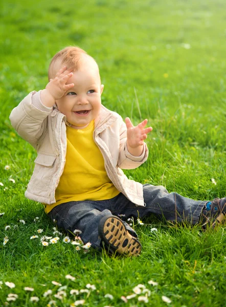 O menino está sentado no prado verde. — Fotografia de Stock